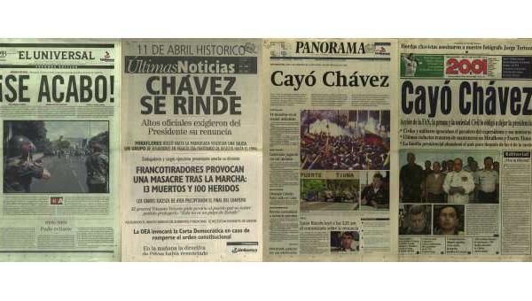 Medios corporativos de Venezuela celebran el golpe de Estado contra el presidente democráticamente electo, Hugo Chávez en 2002