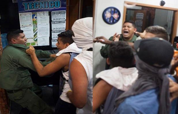 Funcionario de la GNB de Venezuela siendo violentado por protestantes de la derecha