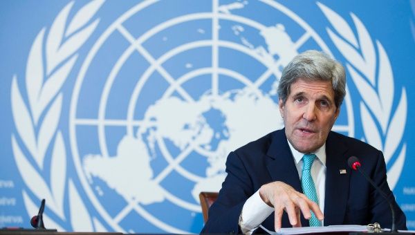 U.S. Secretary of State John Kerry gestures during a news conference after he delivered remarks to the United Nations Human Rights Council in Geneva March 2, 2015. 