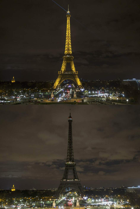 El monumento más representativo de Francia, la Torre Eiffel, también se apagó.