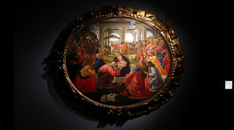 Vista de la obra "Adoración de los magos" ("Adorazione dei magi"), del pintor italiano Domenico Bigordi, que forma parte de la exposición "Leonardo 1452-1519. El diseño del mundo", en Milán, Italia.