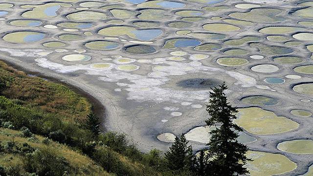 El Lago Manchado, en Canadá, posee una gran concentración de minerales que lo convierten en una formación natural sumamente rara y bella. 