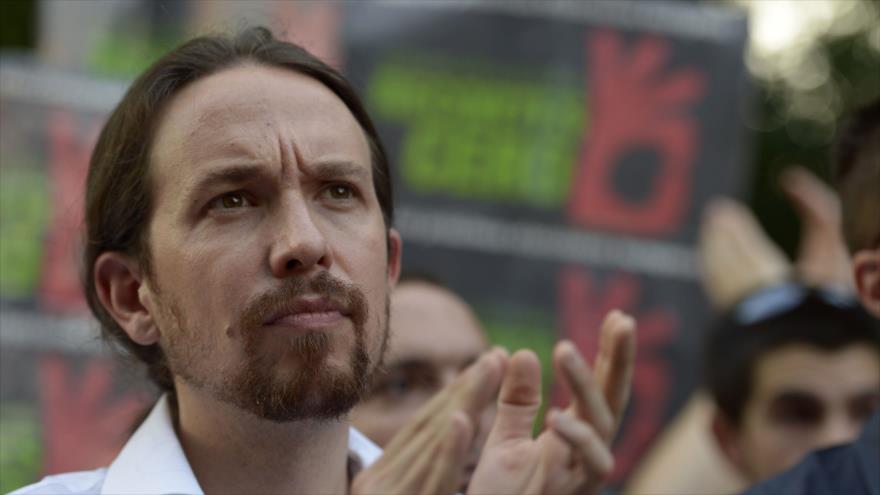 El líder del partido español Podemos, Pablo Iglesias durante una manifestación celebrada en Madrid, capital de España en apoyo a Grecia.