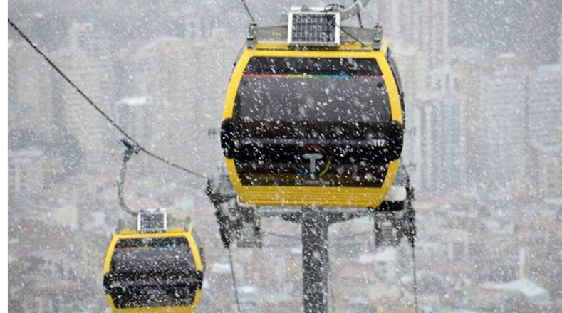 Así se vistió el teleférico interurbano más alto del mundo, que desciende desde la ciudad del El Alto, con la intensa nevada. 