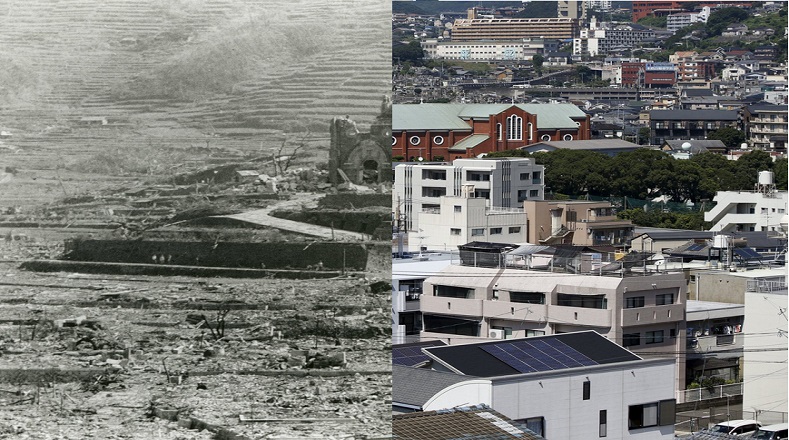 Así se veía el casco central de Urakami, en Nagasaki. Es una comparación entre 1945 y 2015.
