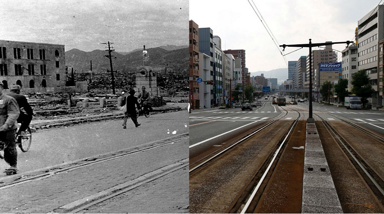 Este es el puente Aioi, en Hiroshima. La comparación es entre 1945 y 2015