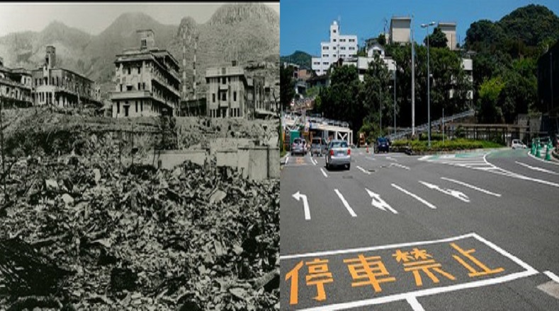 Colegio Médico de Nagasaki tras el bombazo y su reedificación. 