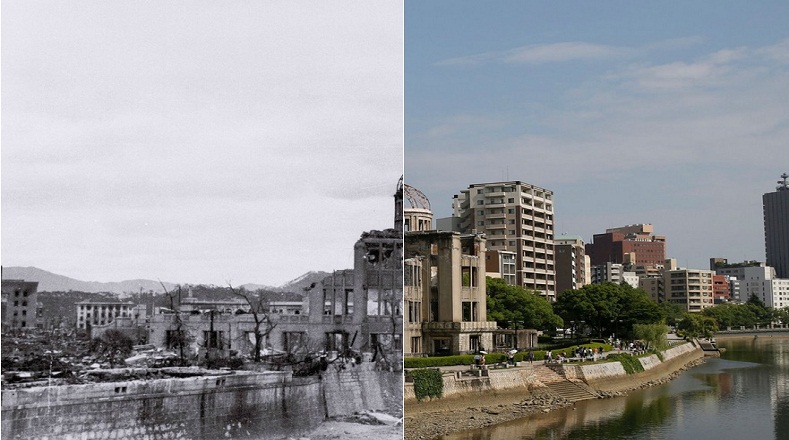 Este es un ángulo del Complejo industrial de Hiroshima con la cúpula de Gembaku. La comparación es entre 1945 y 2015.