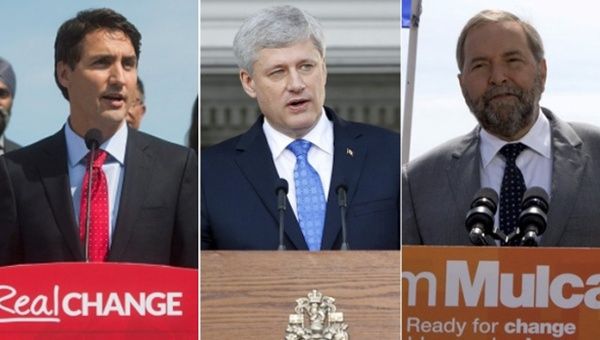 Justin Trudeau, Stephen Harper, y Thomas Mulcair, los tres principales candidatos a ocupar el cargo de primer ministro en Canadá.