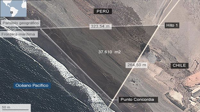 Triángulo terrestre en disputa por Chile y Perú.