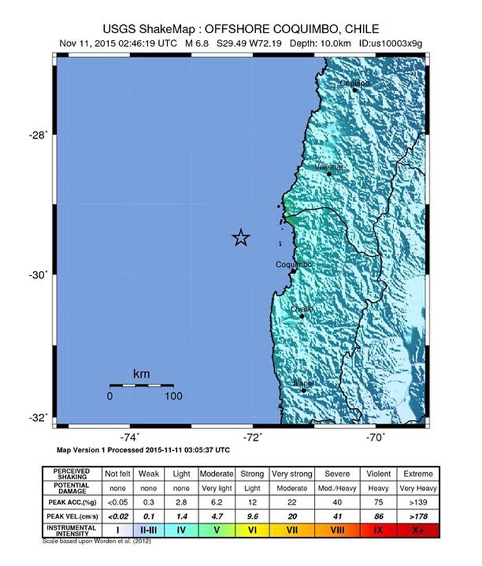 Este mapa es del Servicio Geológico estadounidense muestra la ubicación de un terremoto de magnitud 6,9 registrado este miércoles cerca de Coquimbo (Chile).