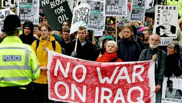  British anti-war protesters demonstrate outside army headquarters in Northwood, Middlesex, January 19, 2003.