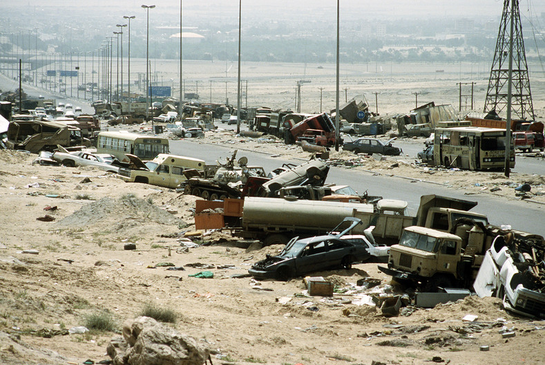 Destroyed Iraqi civilian and military vehicles on the "Highway of Death," officially known as Highway 80, during the First Gulf War April 1991.