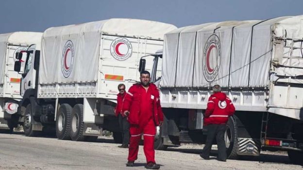 Convoy de vehículos que transportaba ayuda humanitaria, enviada por las Naciones Unidas (ONU).