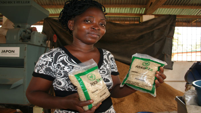La asistente de investigación Blanche Soussous muestra paquetes de arroz precocido.
