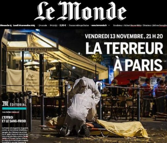 Portada de 'Le Monde' se hace eco de los atentados de París de noviembre de 2015.