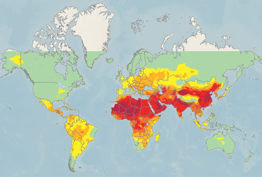 Las zonas en amarillo, naranja, rojo o morado superan los niveles de contaminación de la OMS.