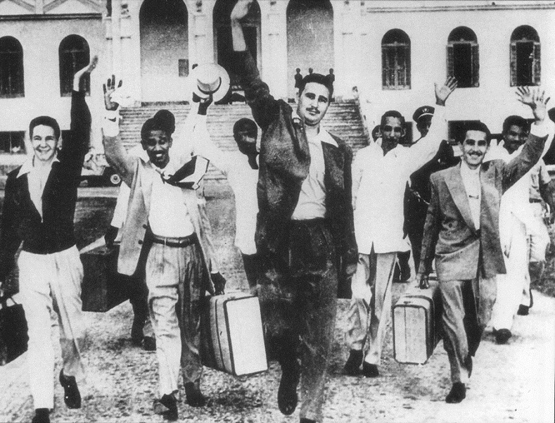 Raul Castro (far left), Fidel Castro (center) and other Moncada rebels released from prison in May 1955. While in law school, Fidel organized a movement that sought to inspire a rebellion against the Batista regime. The armed assault on the Moncada police barracks in 1953 failed, but it helped to launch the movement that would lead to the victory of the revolution.