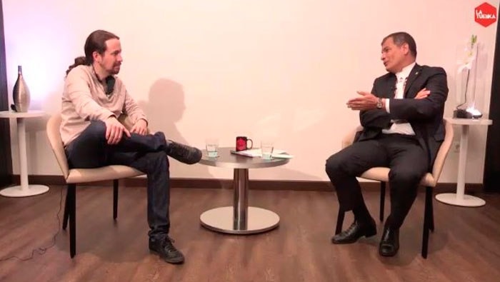 Pablo Iglesias (i) entrevistó al presidente Correa (d) en el programa español La Tuerka.