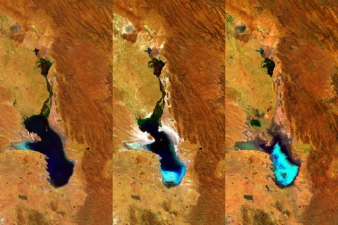 Imagen satelital del lago Poopó el 27 de abril de 2014, el 20 de julio de 2015 y el 22 de enero de 2016.