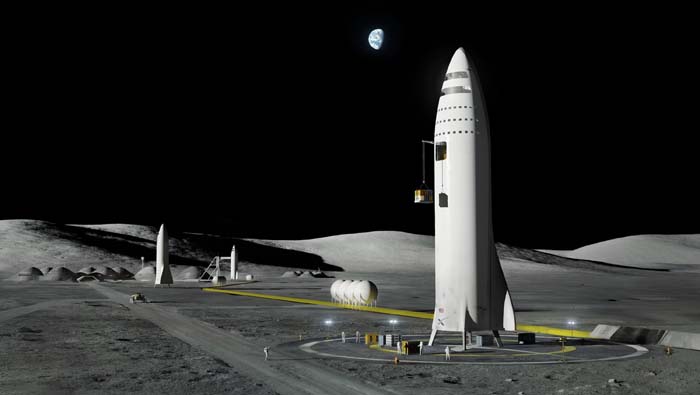 En esta imagen artística se ve el diseño de un mega cohete en la Luna de la empresa SpaceX.