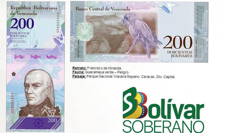 En la presentación de 200 bolívares se exalta la imagen del Generalísimo Francisco de Miranda, quien en el cono anterior estaba representado en el billete de dos bolívares. 