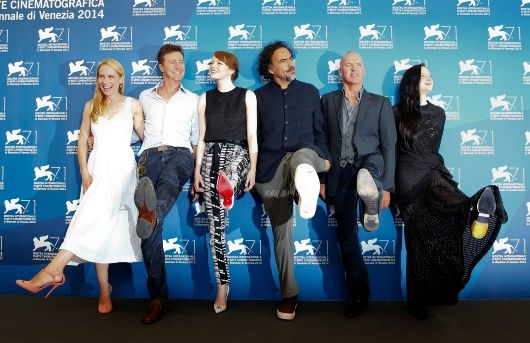 Director Alejandro Inarritu (3rd R) poses with actors Amy Ryan (L), Edward Norton (2nd L), Emma Stone (3rd L), Michael Keaton (2nd R) and Andrea Riseborough (R) during the photo call for the movie 