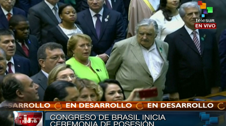 Presidentes de Chile, Michelle Bachelet, y de Uruguay, Pepe Mujica, en el acto de investidura en el Congreso de Brasil.