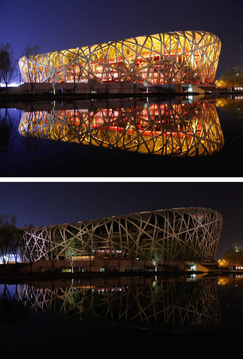 El estadio nacional de Pekín, encendido y apagado durante la Hora del Planeta de 2015.