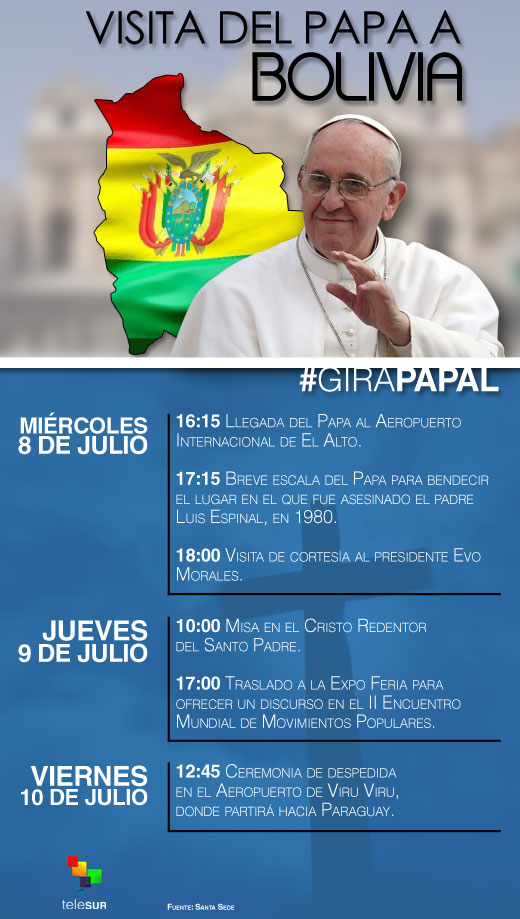 El papa Francisco visitará Bolivia del 8 al 10 de julio.