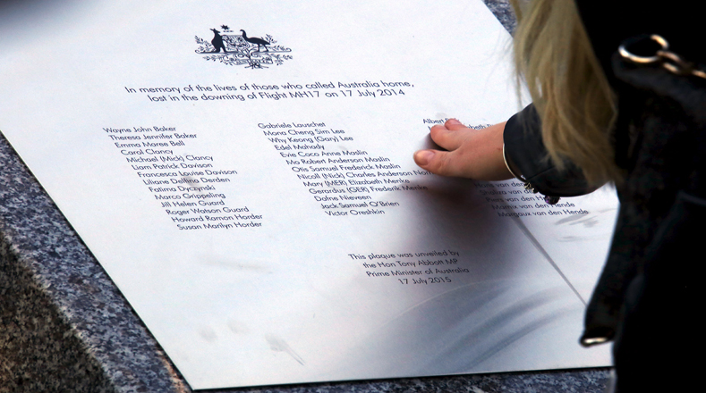 Placa con los nombres de los ciudadanos autralianos fallecidos. El Gobierno de ese país ha urgido al Consejo de Seguridad de las Naciones Unidas a profundizar las investigaciones.