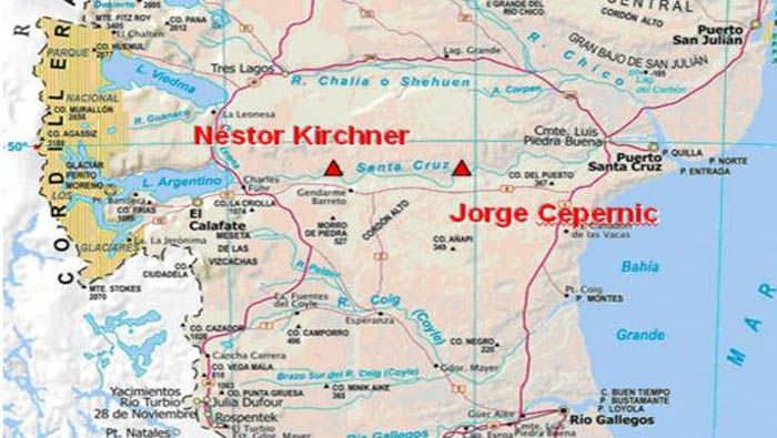Las represas Néstor Kirchner y Jorge Cepernic, que estarán situadas sobre el río Santa Cruz.