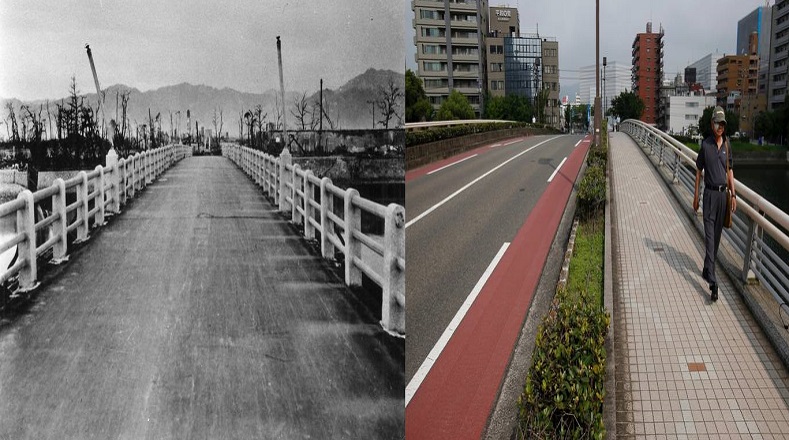 Así quedó el puente Yorozuyo: las proyecciones de los barandales quedaron impresas contra el pavimento. 