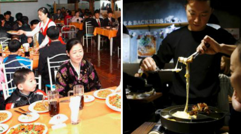 La imagen de la izquierda corresponde a un restaurante en Corea del Norte y el de la derecha en Corea del Sur.