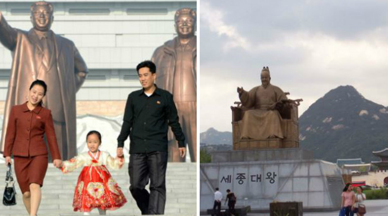 Monumentos a Kim Il-sung y Kim Jong-il en Pionyang y estatua del rey Sejong el Grande en Seúl.