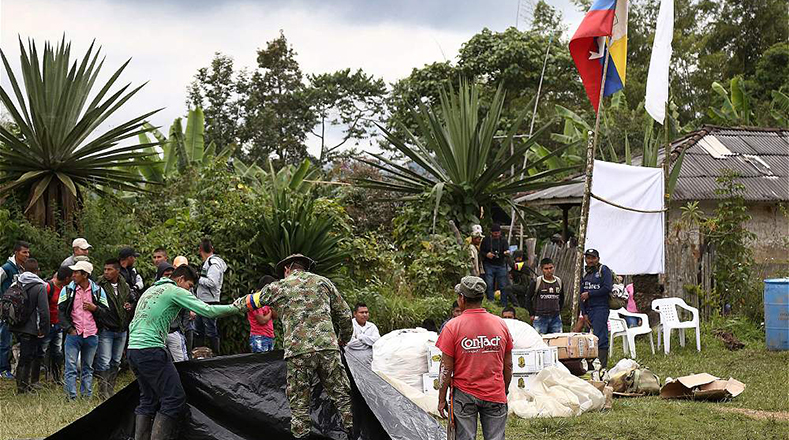 El Frente Móvil Jacobo Arenas a su llegada al caserío del resguardo de Pueblo Nuevo, en el municipio de Caldono (Cauca).