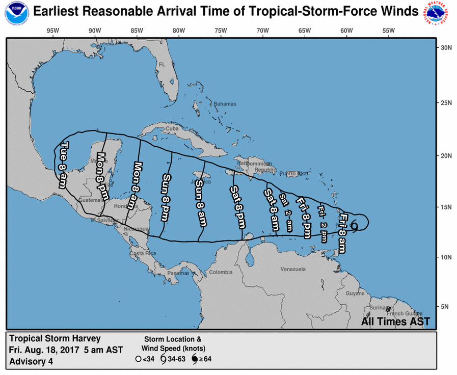 Según el NHC Harvey presenta vientos máximos sostenidos de 40 millas por hora (65 km/h) que podrían intensificarse en su paso por el Caribe.