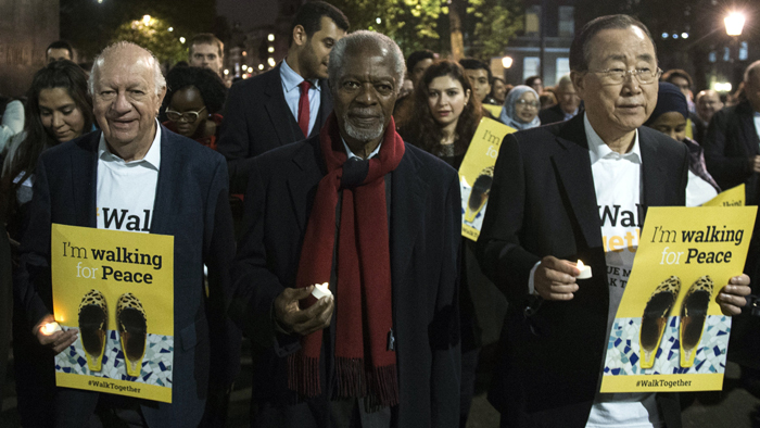 Ban Ki-moon participó este lunes junto al ex secretario general de la ONU Kofi Annan y el expresidente de Chile Ricardo Lagos en el evento Mandela Walk Together.