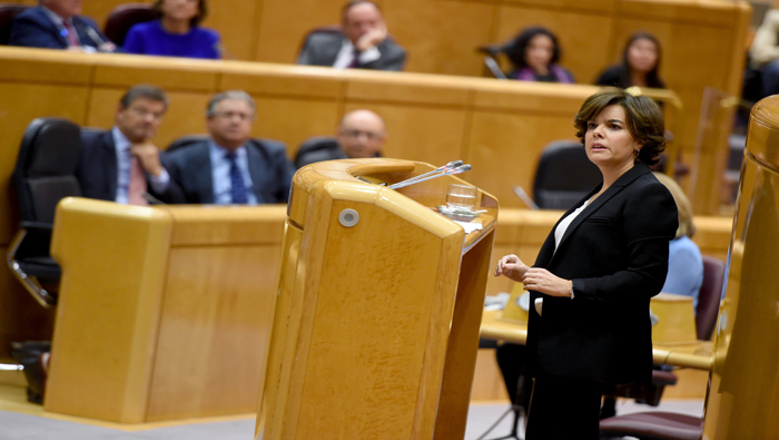 La vicepresidenta del Gobierno español durante su intervención el 26 de octubre ante la comisión del Senado que tramitó las medidas del artículo 155 en Cataluña.