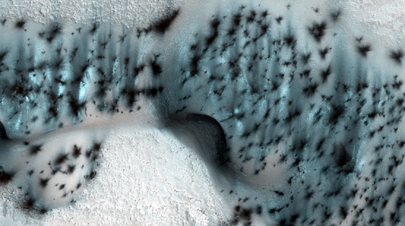 Las dunas heladas en forma de media luna están en el Polo Norte del planeta, salpicadas con manchas de arena donde las temperaturas de la primavera ha vaporizado el hielo.