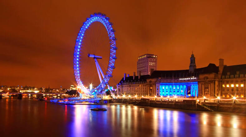 El Ojo de Londres iluminado durante el aniversario de la reina madre 