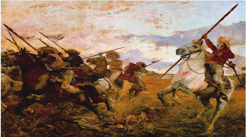En "Vuelvan Caras", elaborado en 1890, Michelena plasma el episodio de la Batalla de Las Queseras del Medio, en el momento en que José Antonio Páez ordena a sus jinetes dar la vuelta para atacar a la caballería española que los perseguía.