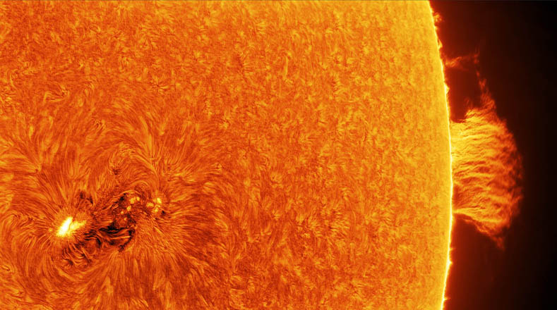 Lukasz Sujka fotografió al sol y obtuvo la imagen "AR 2665 Y Quiescent Prominence" que representa la región activa AR2665 de nuestro astro rey, que fue de las regiones activas más grandes de 2017 y que muestra además una agradable prominencia quiescente en el lim del Sol. 