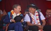 El presidente Evo Morales y el político José Luis Rodríguez Zapatero participaron en una actividad para la entrega de un sistema de riego en Capinota, Bolivia.