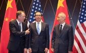 El secretario del Tesoro de EE.UU.,  Steven Mnuchin, el representante comercial, Robert Lighthizer y Liu He, vice primer ministro . 