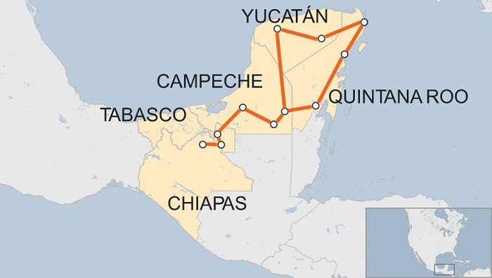 La ruta que seguirá contempla 17 estaciones en los estados de  Chiapas, Campeche, Tabasco, Yucatán y Quintana Roo, donde radican varias de las comunidades indígenas que aún habitan en México.