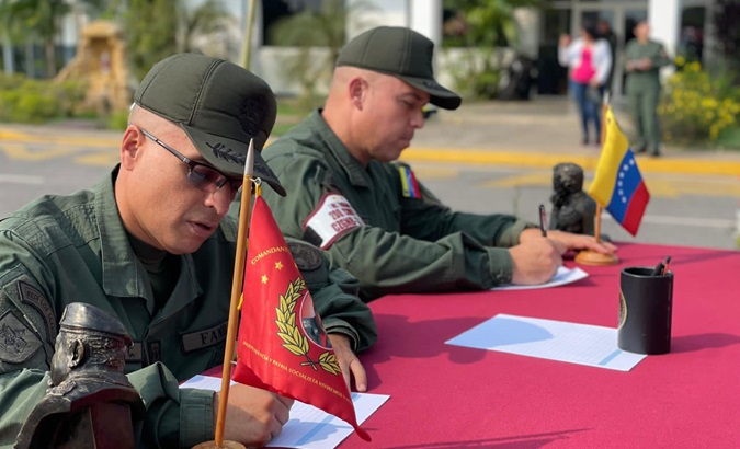Soldiers begin the signatures collecting process in Cojedes, Venezuelan, May 17, 2024.