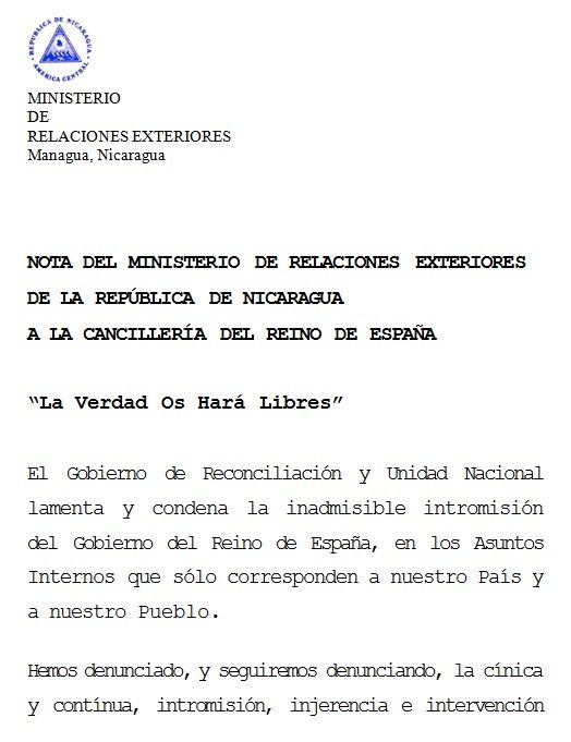 Nicaragua condenó la injerencia de España en sus asuntos internos