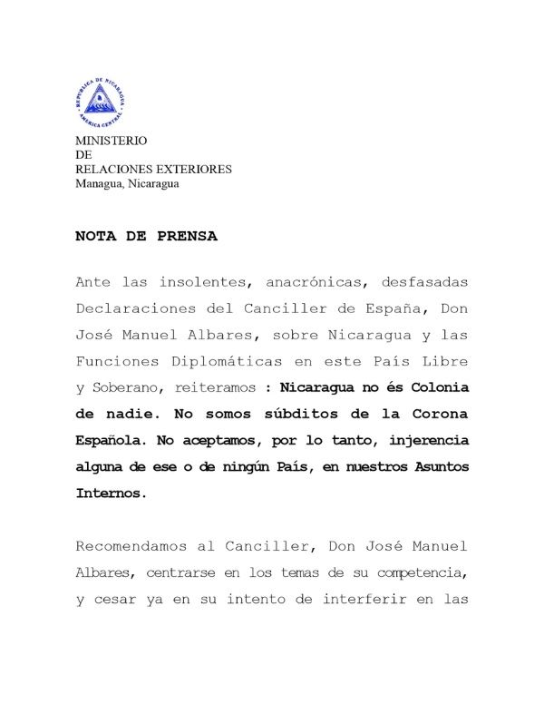 Carta Nicaragua a Canciller España