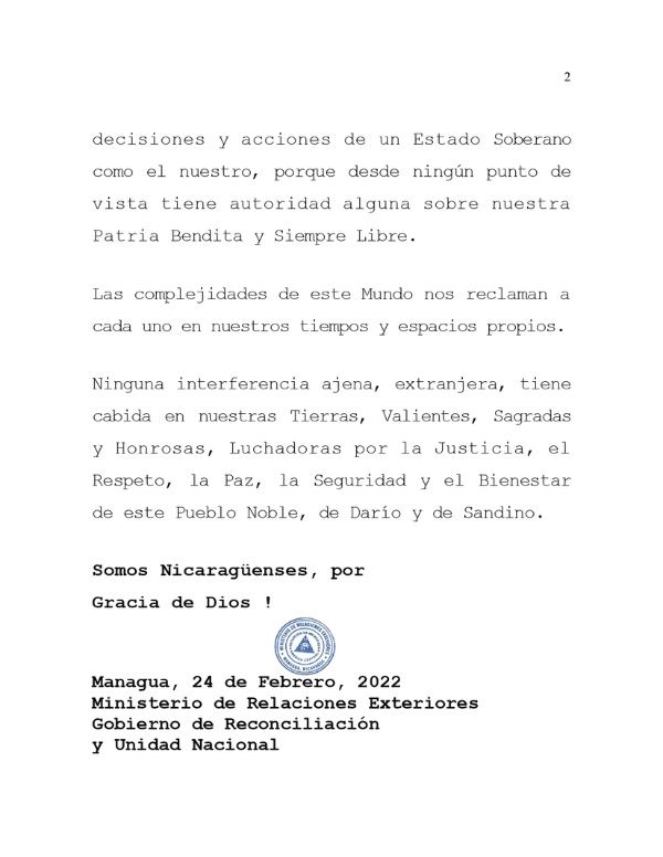 Carta Nicaragua a Canciller España